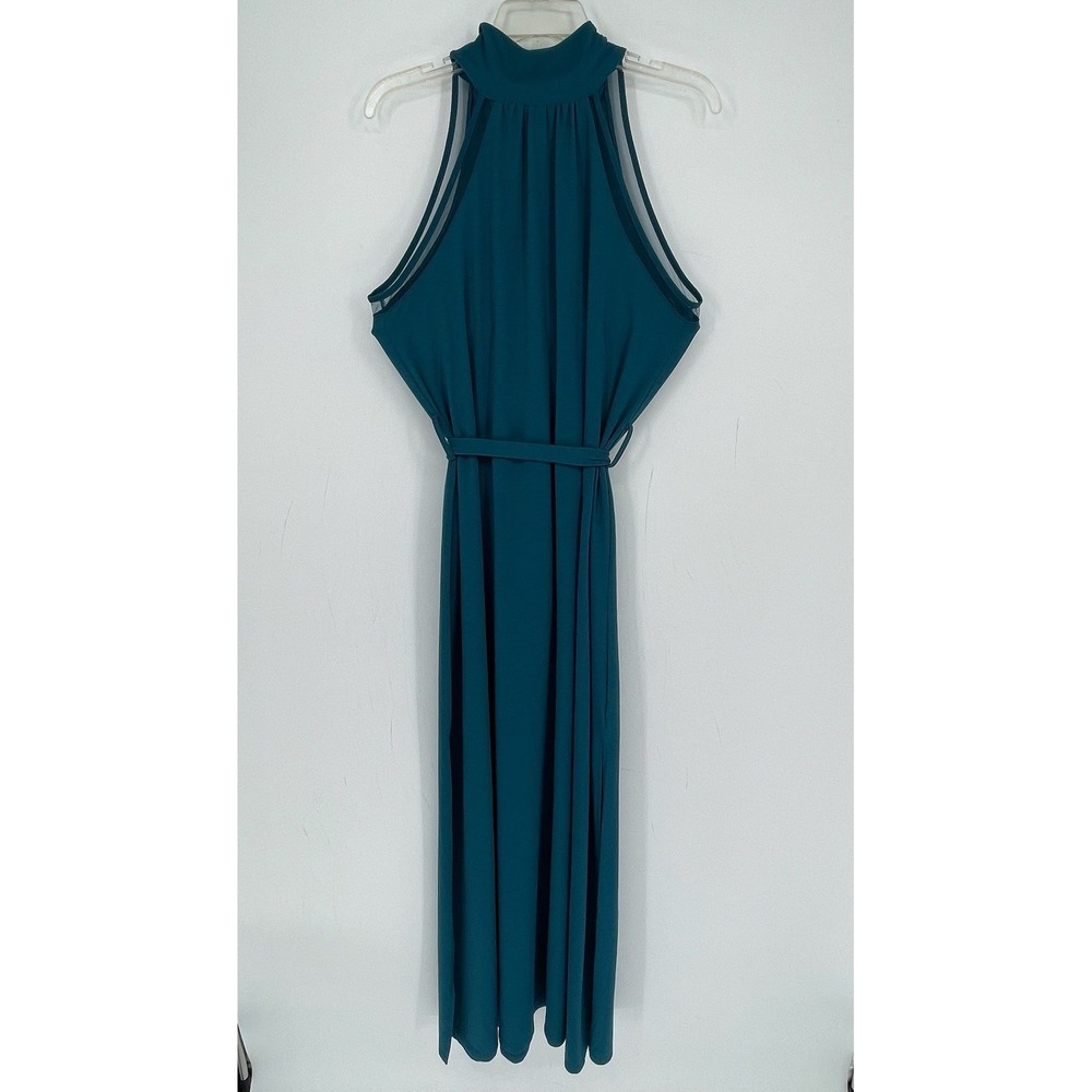 KINGOTS Women's Teal Mesh Trim Tie Neck Maxi Dress Size Large